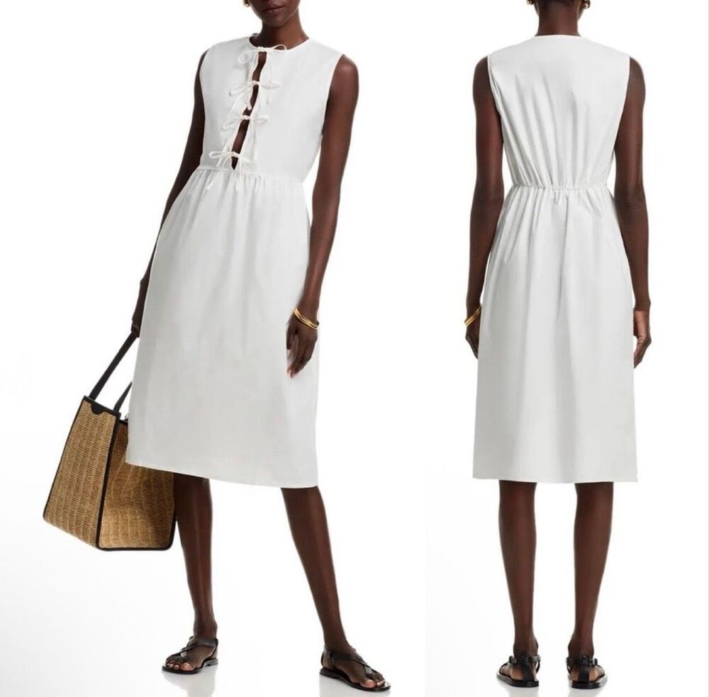 The Lulo Project S Hortensia Dress White Tie Bow Front Midi Romantic Cottage NWT